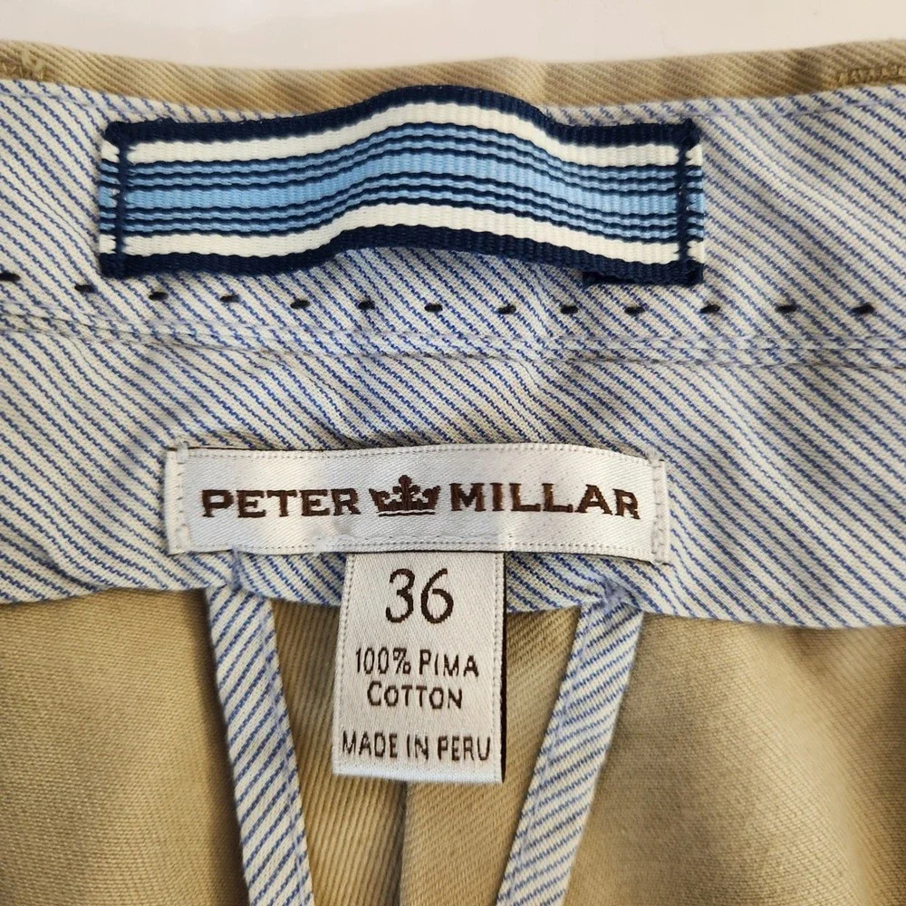 Peter Millar Mens Khaki Flat Front Chino Shorts Size 36 Beige 100% Pima Cotton‎